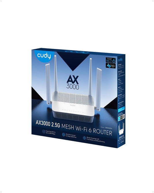 Cudy AX3000 WiFi 6 Mesh Router – Dual-Band, 2.5Gbps WAN, 4×Gigabit LAN, MU-MIMO, VPN Support