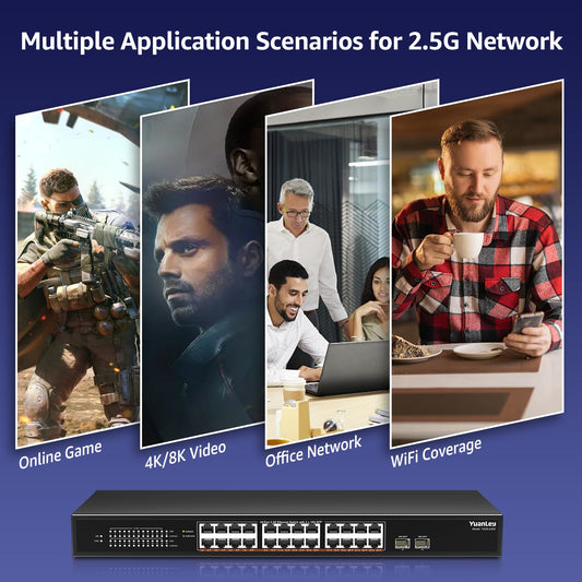 YuanLey 26-Port 2.5Gb Unmanaged Ethernet Switch – 24×2.5G Base-T, 2×10G SFP+, Fanless Metal Case