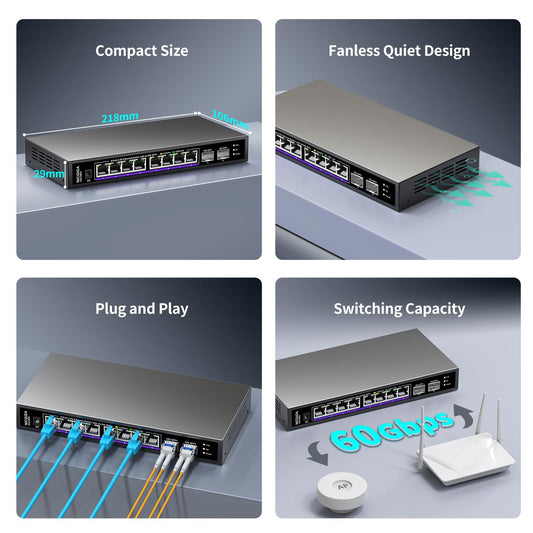 NICGIGA 10-Port 2.5Gb Ethernet Switch – 8×2.5G Base-T, 2×10G SFP+, Unmanaged, Fanless