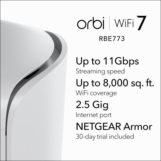 NETGEAR Orbi RBE773 Tri-Band WiFi 7 Mesh System – Router + 2 Extenders, Up to 11Gbps, 2.5Gbps Port
