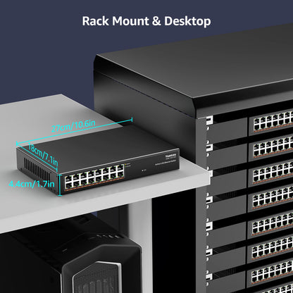 YuanLey 16-Port 2.5Gb Unmanaged Ethernet Switch – 16×2.5G Base-T, Fanless Metal Case, Desktop/Rack Mount
